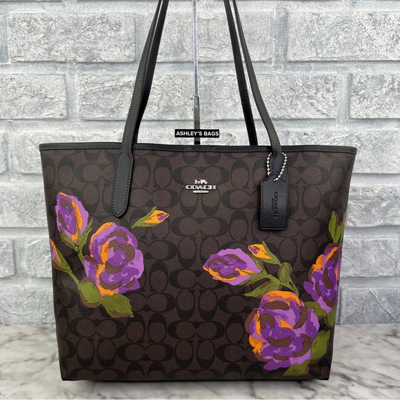 Coach City Tote In Signature Canvas With Rose Print - Picture 2 of 11